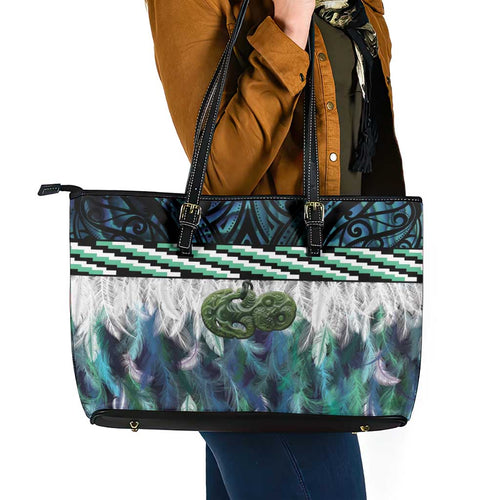 Turquoise Traditional Cloak Aotearoa Leather Tote Bag Maori Paua Shell Korowai Pattern