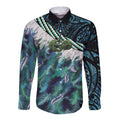 Turquoise Traditional Cloak Aotearoa Long Sleeve Button Shirt Maori Paua Shell Korowai Pattern