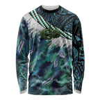 Turquoise Traditional Cloak Aotearoa Long Sleeve Shirt Maori Paua Shell Korowai Pattern