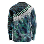 Turquoise Traditional Cloak Aotearoa Long Sleeve Shirt Maori Paua Shell Korowai Pattern