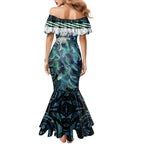 Turquoise Traditional Cloak Aotearoa Mermaid Dress Maori Paua Shell Korowai Pattern