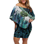 Turquoise Traditional Cloak Aotearoa Off Shoulder Short Dress Maori Paua Shell Korowai Pattern