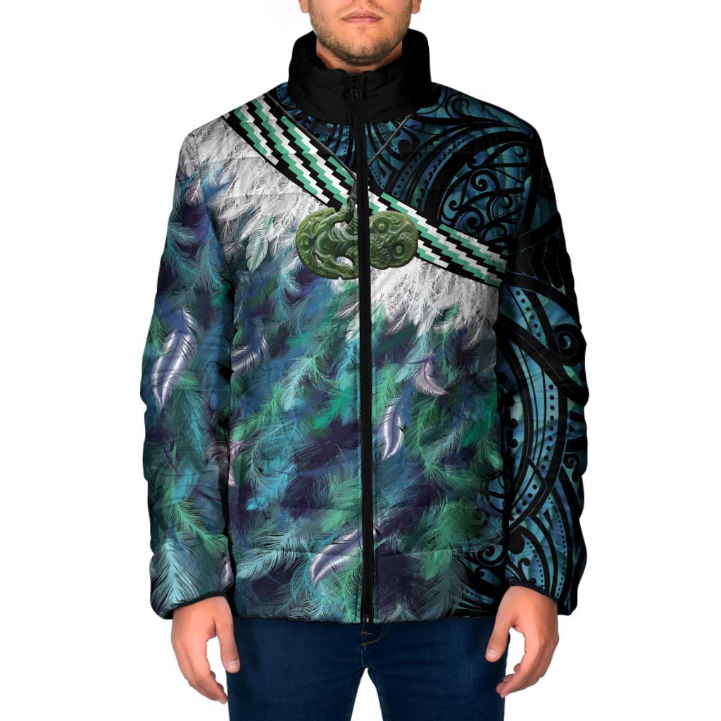 Turquoise Traditional Cloak Aotearoa Padded Jacket Maori Paua Shell Korowai Pattern - Aussie Hoodie