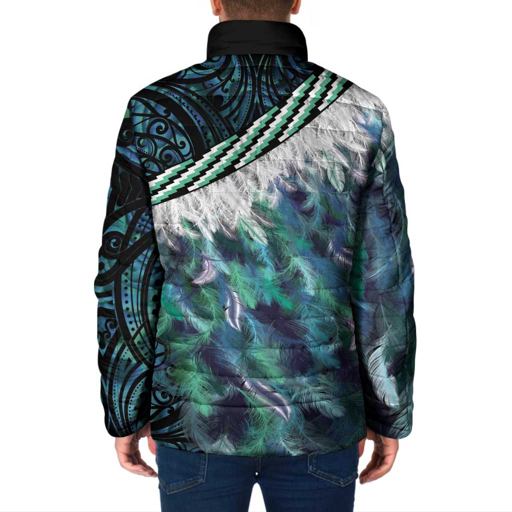 Turquoise Traditional Cloak Aotearoa Padded Jacket Maori Paua Shell Korowai Pattern - Aussie Hoodie