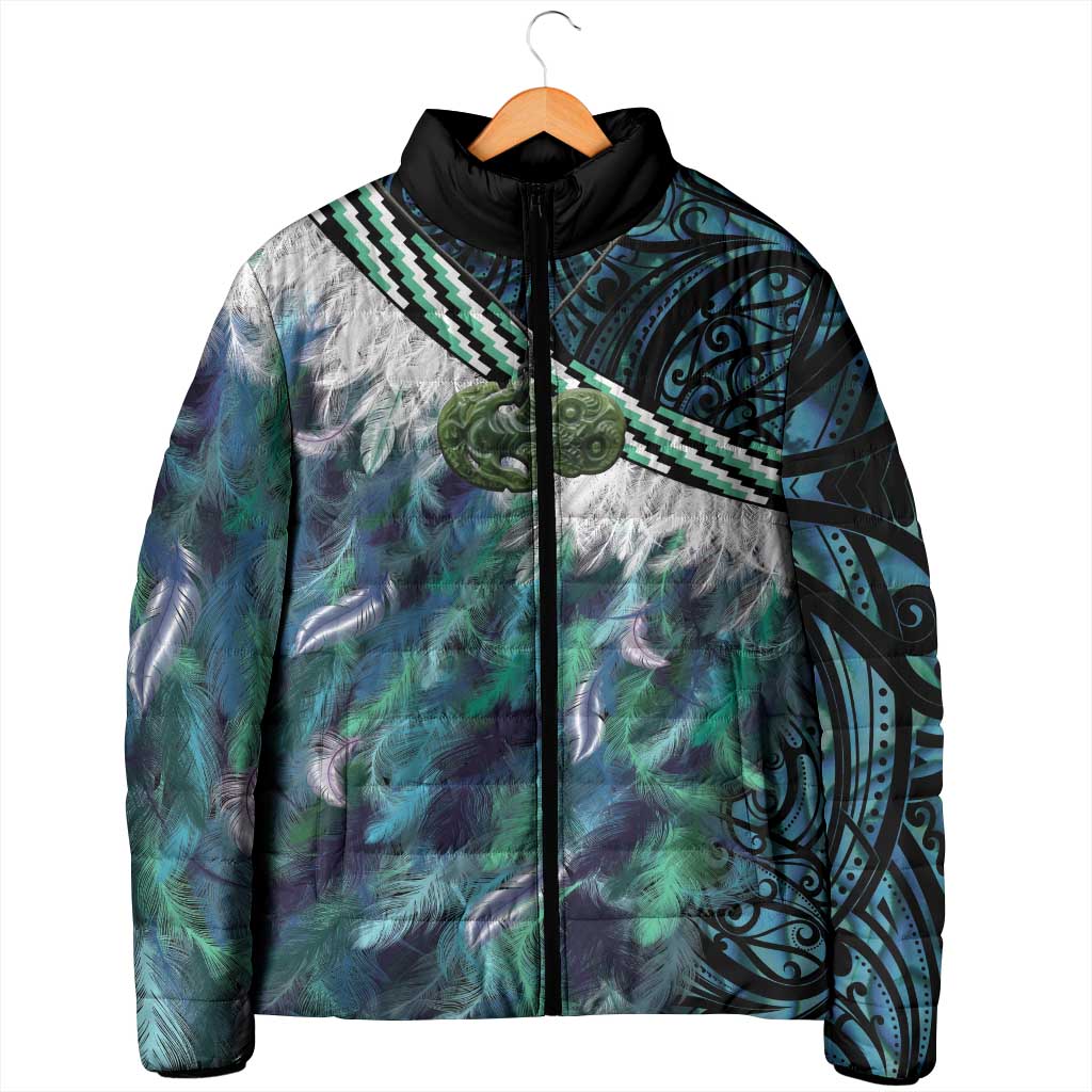 Turquoise Traditional Cloak Aotearoa Padded Jacket Maori Paua Shell Korowai Pattern - Aussie Hoodie