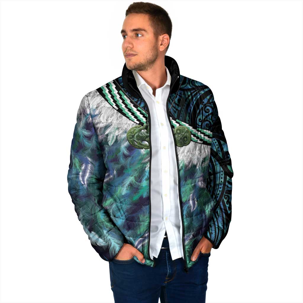Turquoise Traditional Cloak Aotearoa Padded Jacket Maori Paua Shell Korowai Pattern - Aussie Hoodie
