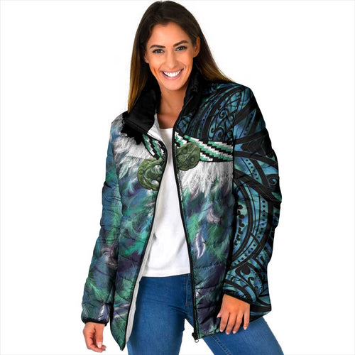 Turquoise Traditional Cloak Aotearoa Padded Jacket Maori Paua Shell Korowai Pattern - Aussie Hoodie