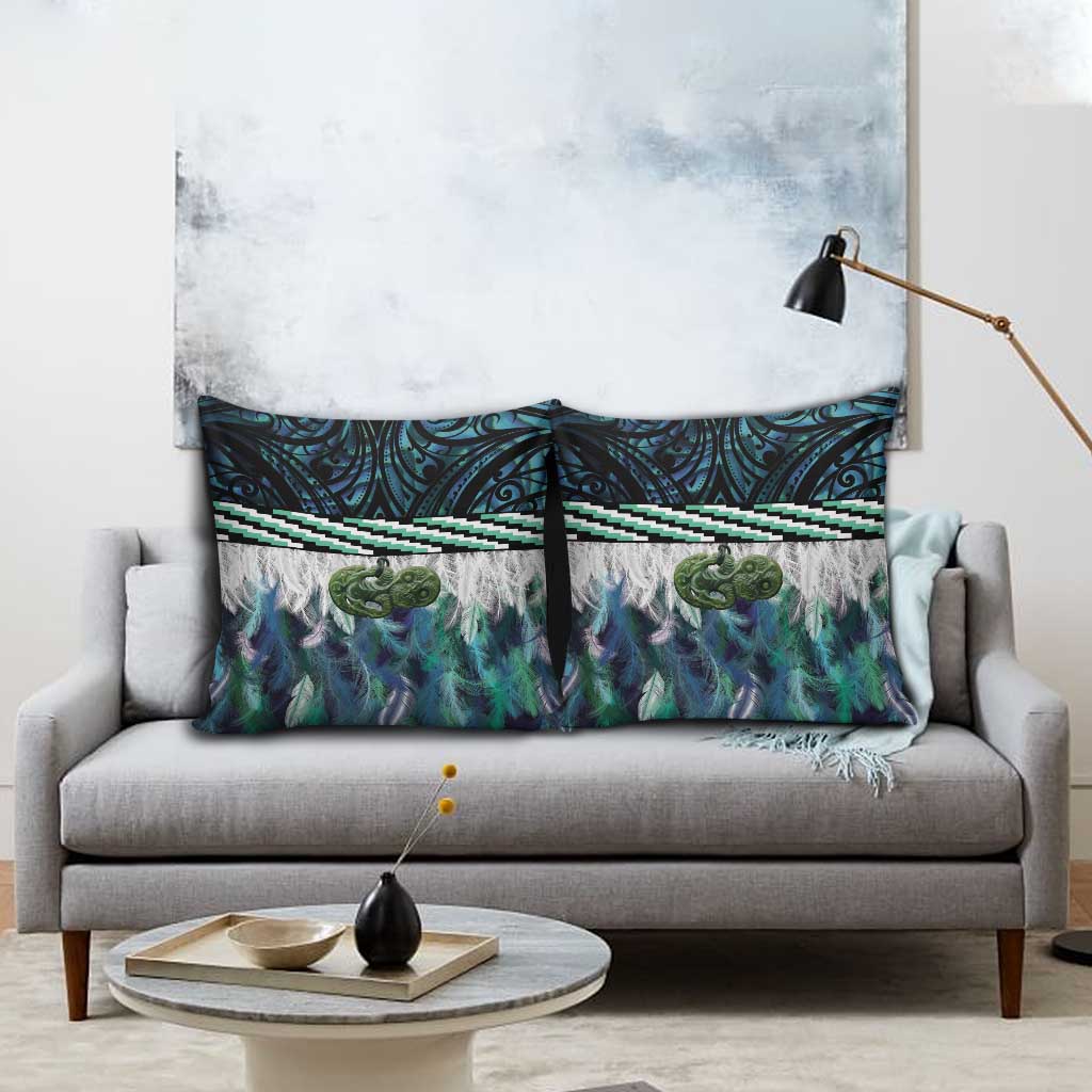 Turquoise Traditional Cloak Aotearoa Pillow Cover Maori Paua Shell Korowai Pattern - Aussie Hoodie