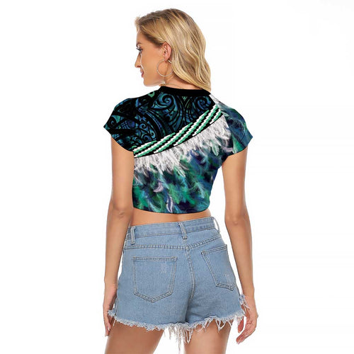Turquoise Traditional Cloak Aotearoa Raglan Cropped T Shirt Maori Paua Shell Korowai Pattern