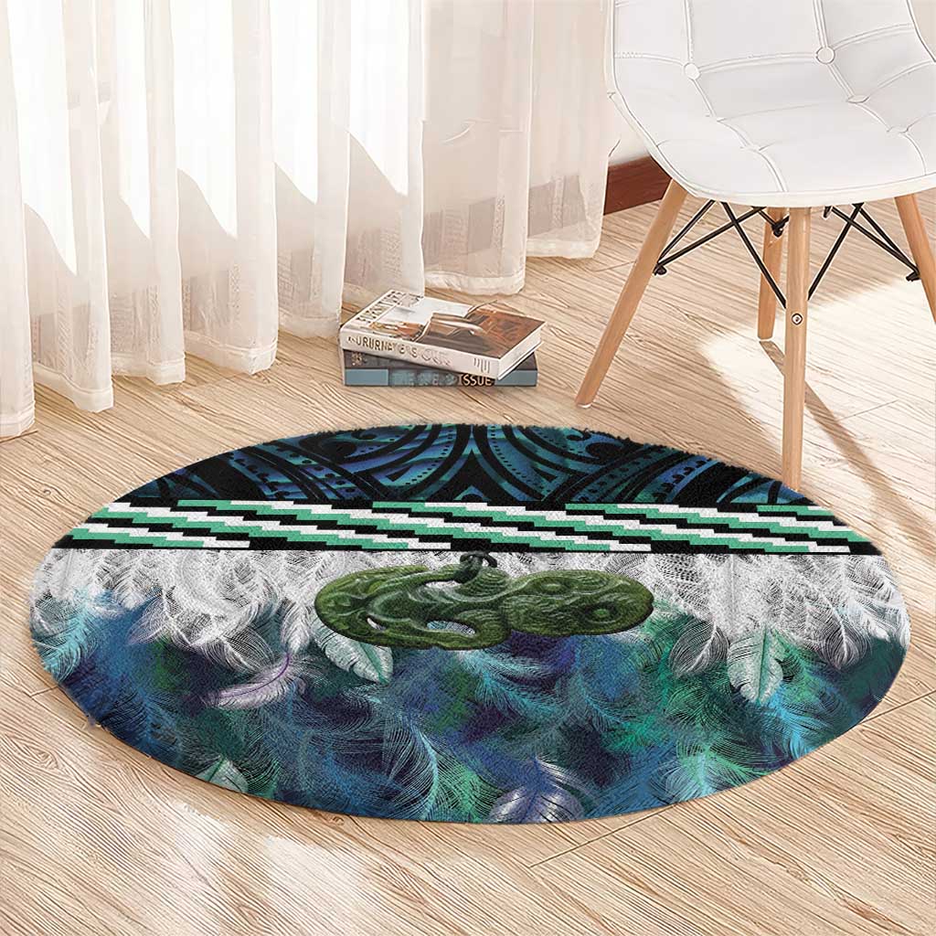 Turquoise Traditional Cloak Aotearoa Round Carpet Maori Paua Shell Korowai Pattern