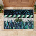 Turquoise Traditional Cloak Aotearoa Rubber Doormat Maori Paua Shell Korowai Pattern