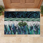 Turquoise Traditional Cloak Aotearoa Rubber Doormat Maori Paua Shell Korowai Pattern