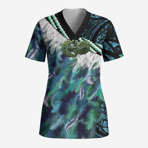 Turquoise Traditional Cloak Aotearoa Scrub Top Maori Paua Shell Korowai Pattern - Aussie Hoodie