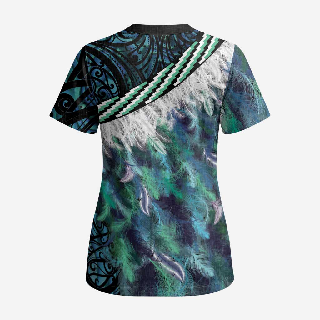 Turquoise Traditional Cloak Aotearoa Scrub Top Maori Paua Shell Korowai Pattern - Aussie Hoodie
