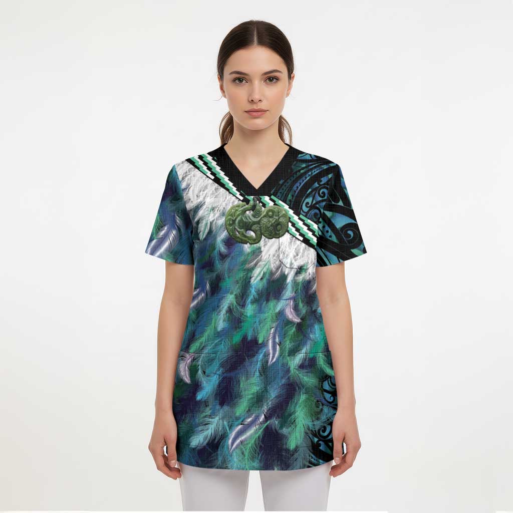 Turquoise Traditional Cloak Aotearoa Scrub Top Maori Paua Shell Korowai Pattern - Aussie Hoodie