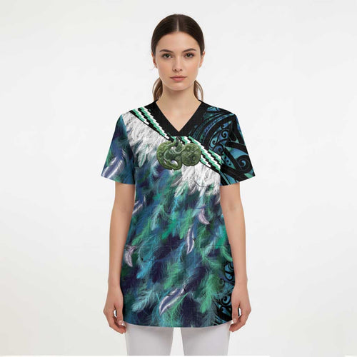 Turquoise Traditional Cloak Aotearoa Scrub Top Maori Paua Shell Korowai Pattern - Aussie Hoodie