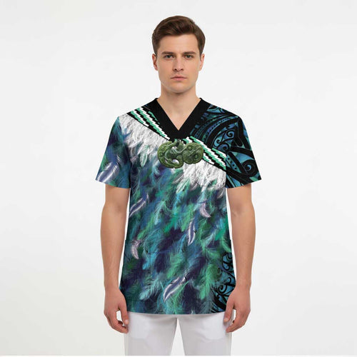 Turquoise Traditional Cloak Aotearoa Scrub Top Maori Paua Shell Korowai Pattern - Aussie Hoodie