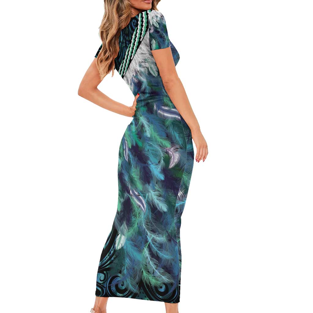 Turquoise Traditional Cloak Aotearoa Short Sleeve Bodycon Dress Maori Paua Shell Korowai Pattern