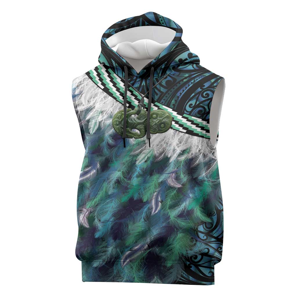 Turquoise Traditional Cloak Aotearoa Sleeveless Hoodie Maori Paua Shell Korowai Pattern - Aussie Hoodie