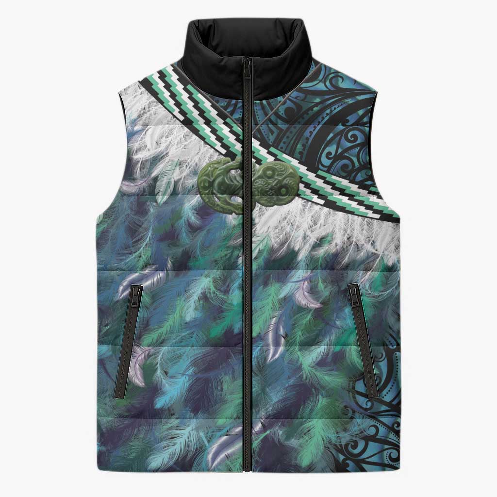 Turquoise Traditional Cloak Aotearoa Sleeveless Puffer Jacket Maori Paua Shell Korowai Pattern - Aussie Hoodie