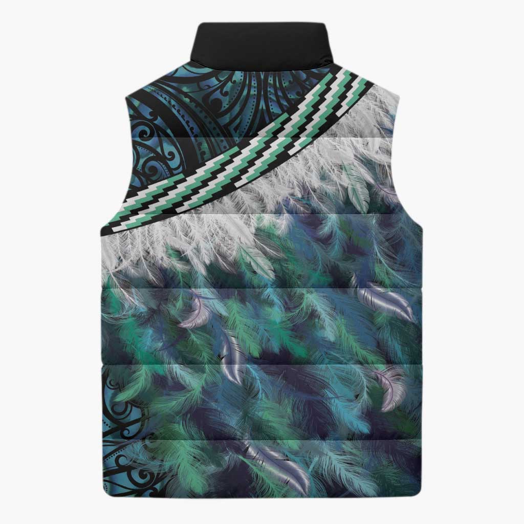 Turquoise Traditional Cloak Aotearoa Sleeveless Puffer Jacket Maori Paua Shell Korowai Pattern - Aussie Hoodie