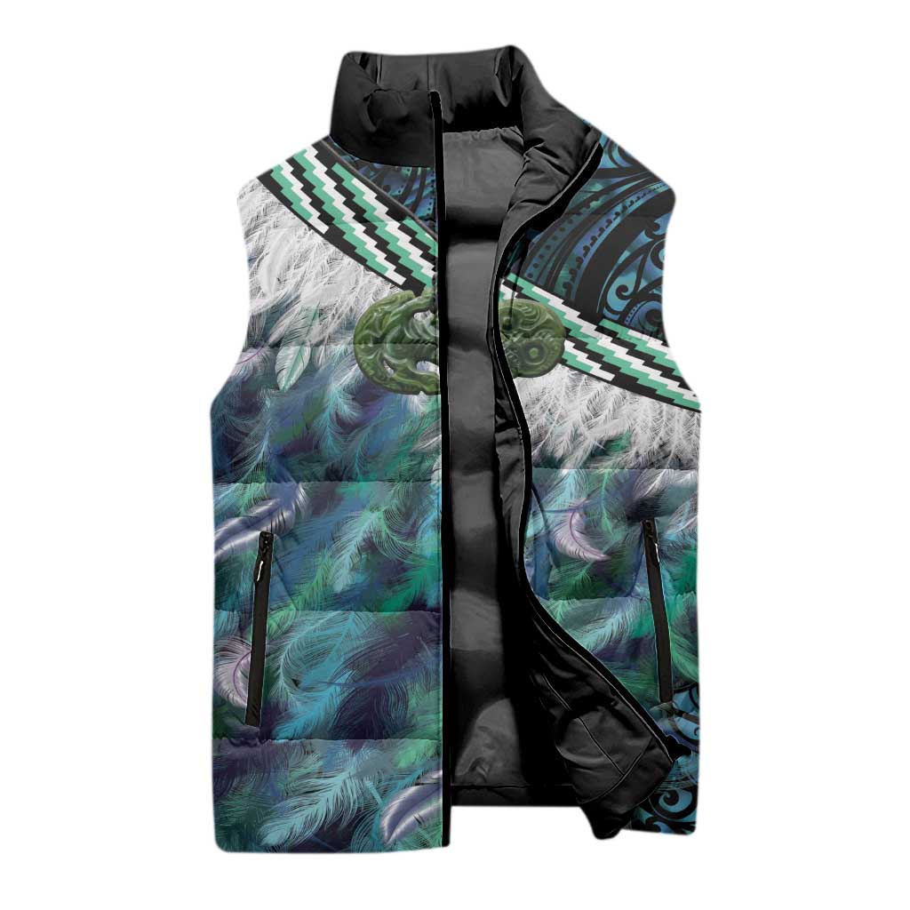 Turquoise Traditional Cloak Aotearoa Sleeveless Puffer Jacket Maori Paua Shell Korowai Pattern - Aussie Hoodie