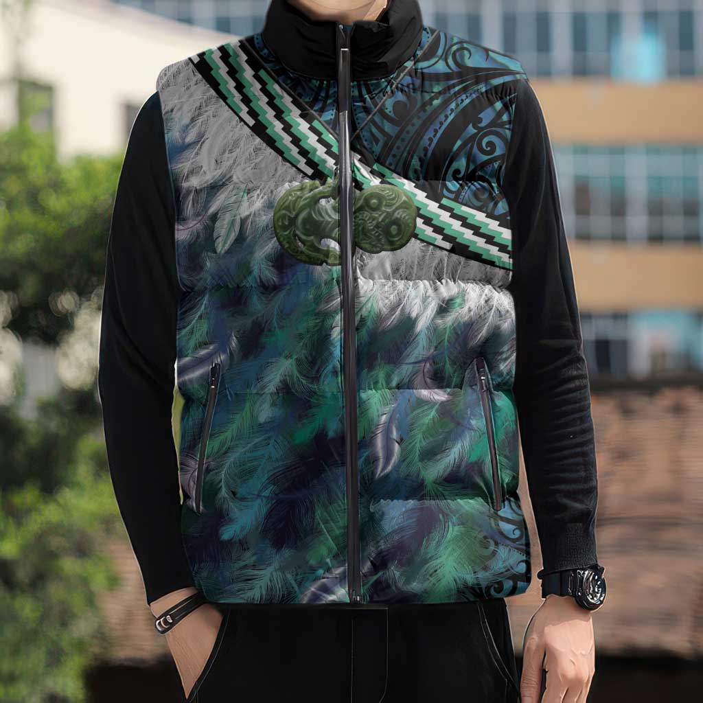 Turquoise Traditional Cloak Aotearoa Sleeveless Puffer Jacket Maori Paua Shell Korowai Pattern - Aussie Hoodie