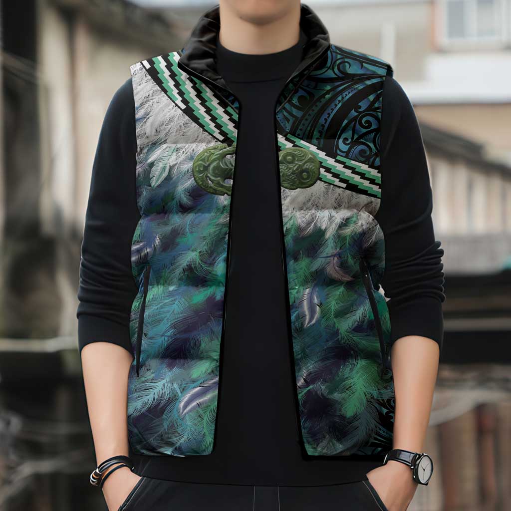 Turquoise Traditional Cloak Aotearoa Sleeveless Puffer Jacket Maori Paua Shell Korowai Pattern - Aussie Hoodie