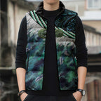 Turquoise Traditional Cloak Aotearoa Sleeveless Puffer Jacket Maori Paua Shell Korowai Pattern - Aussie Hoodie