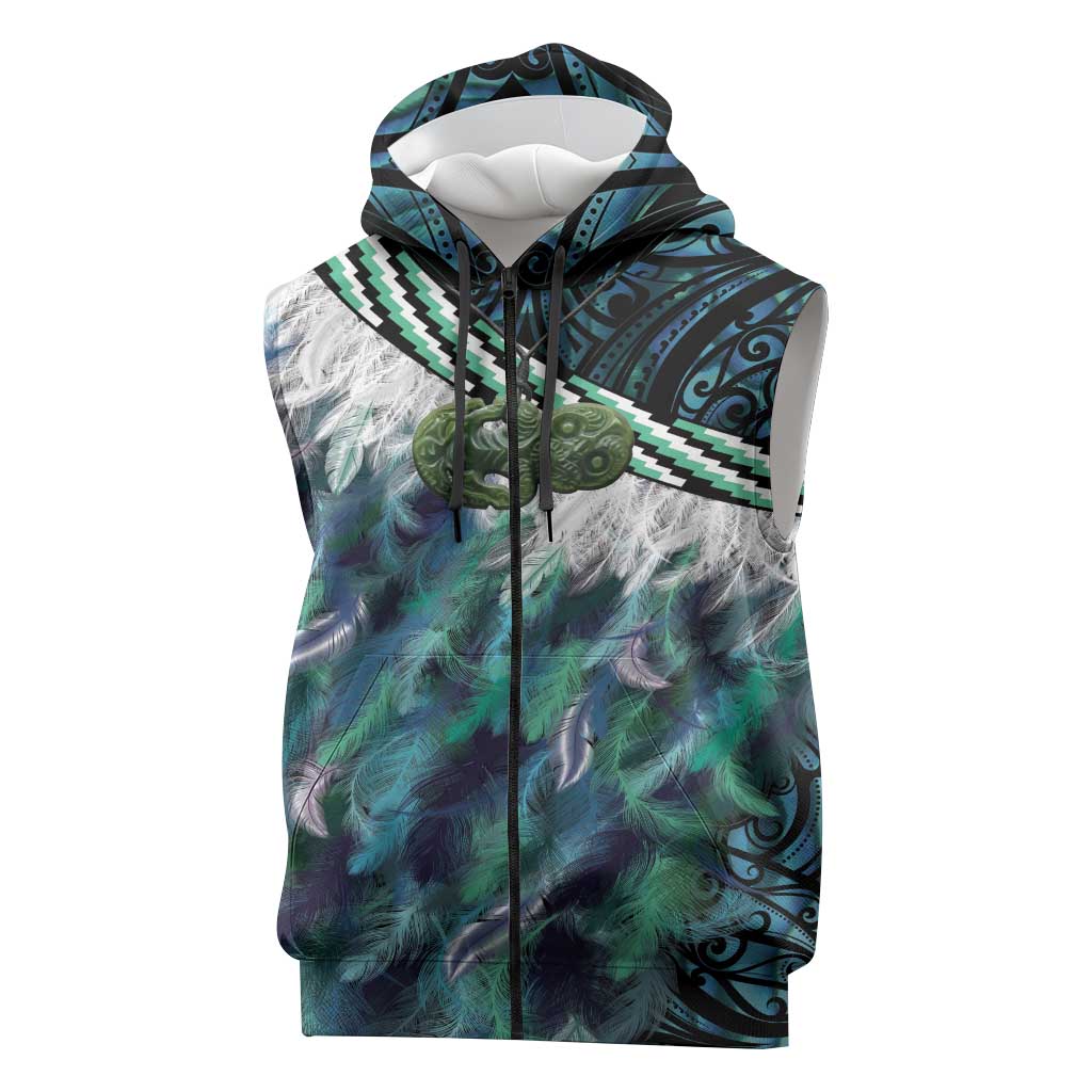Turquoise Traditional Cloak Aotearoa Sleeveless Zip Hoodie Maori Paua Shell Korowai Pattern LT14