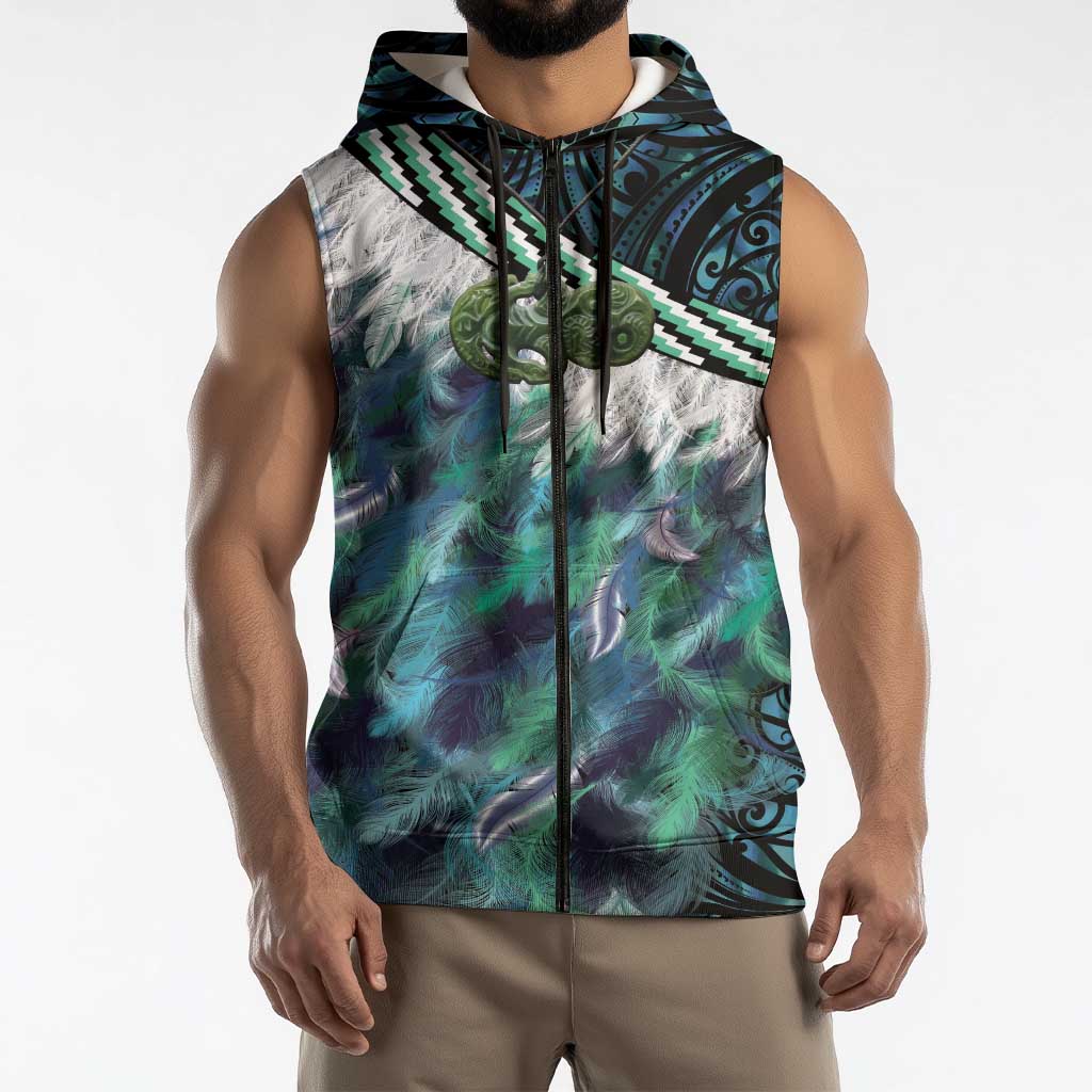 Turquoise Traditional Cloak Aotearoa Sleeveless Zip Hoodie Maori Paua Shell Korowai Pattern LT14