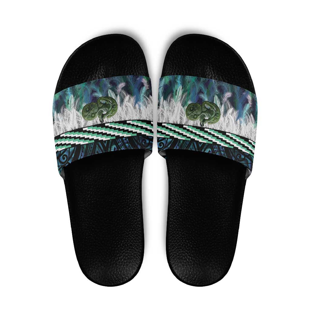 Turquoise Traditional Cloak Aotearoa Slide Sandals Maori Paua Shell Korowai Pattern - Aussie Hoodie
