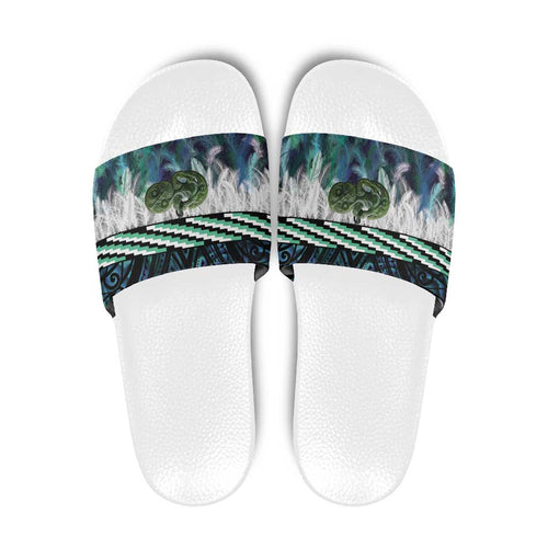 Turquoise Traditional Cloak Aotearoa Slide Sandals Maori Paua Shell Korowai Pattern - Aussie Hoodie
