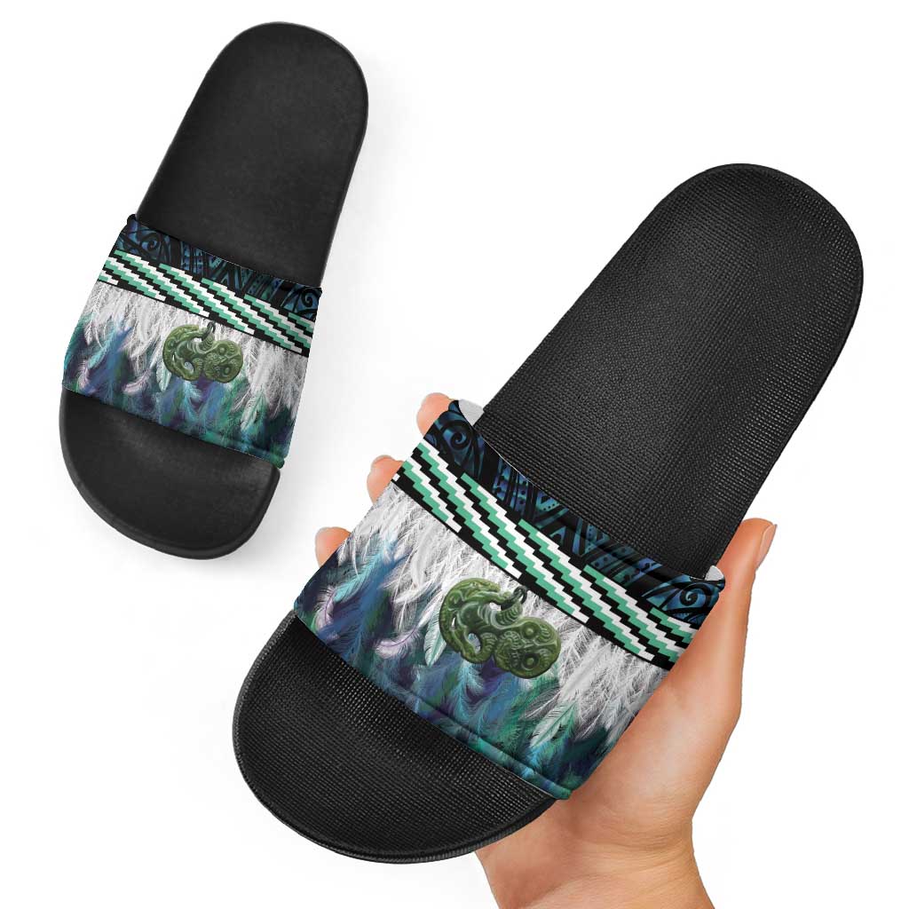 Turquoise Traditional Cloak Aotearoa Slide Sandals Maori Paua Shell Korowai Pattern - Aussie Hoodie