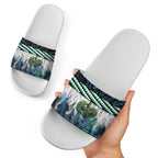 Turquoise Traditional Cloak Aotearoa Slide Sandals Maori Paua Shell Korowai Pattern - Aussie Hoodie