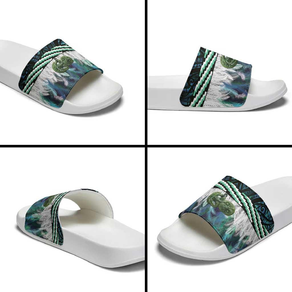 Turquoise Traditional Cloak Aotearoa Slide Sandals Maori Paua Shell Korowai Pattern - Aussie Hoodie