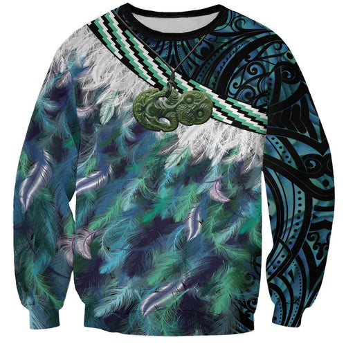 Turquoise Traditional Cloak Aotearoa Sweatshirt Maori Paua Shell Korowai Pattern