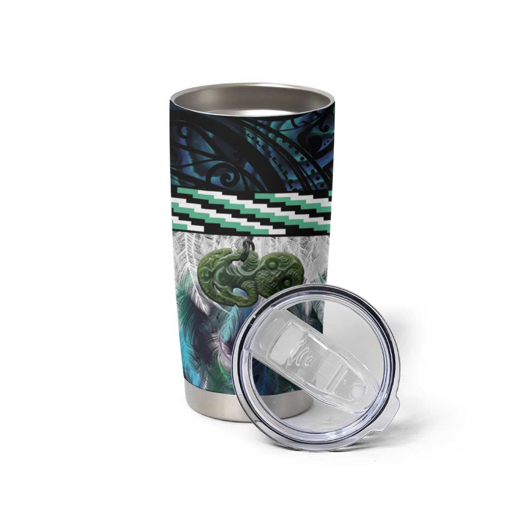 Turquoise Traditional Cloak Aotearoa Tumbler Cup Maori Paua Shell Korowai Pattern