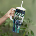 Turquoise Traditional Cloak Aotearoa Tumbler With Handle Maori Paua Shell Korowai Pattern