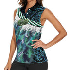 Turquoise Traditional Cloak Aotearoa Women Sleeveless Polo Shirt Maori Paua Shell Korowai Pattern