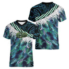 Turquoise Traditional Cloak Aotearoa Women V-Neck T-Shirt Maori Paua Shell Korowai Pattern