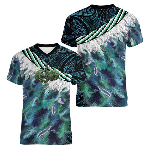 Turquoise Traditional Cloak Aotearoa Women V-Neck T-Shirt Maori Paua Shell Korowai Pattern