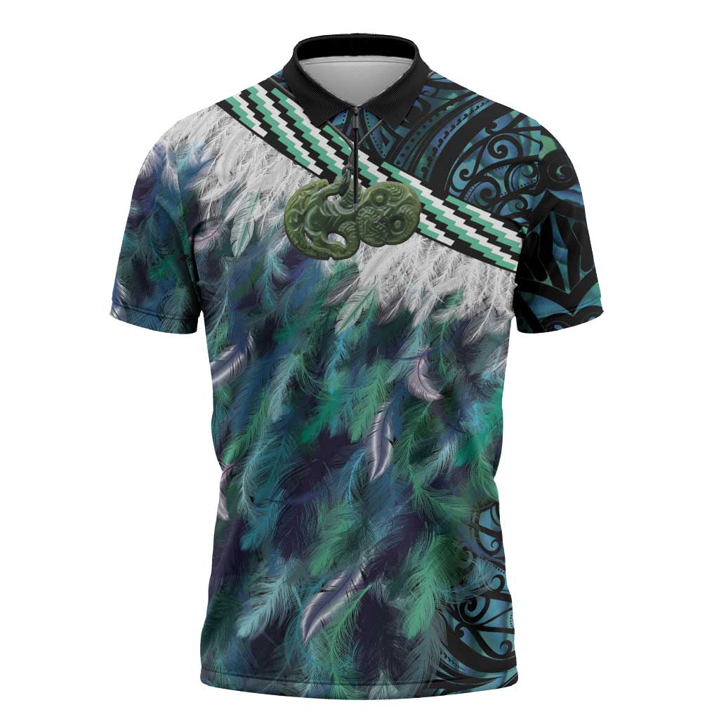 Turquoise Traditional Cloak Aotearoa Zipper Polo Shirt Maori Paua Shell Korowai Pattern - Aussie Hoodie