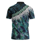 Turquoise Traditional Cloak Aotearoa Zipper Polo Shirt Maori Paua Shell Korowai Pattern - Aussie Hoodie