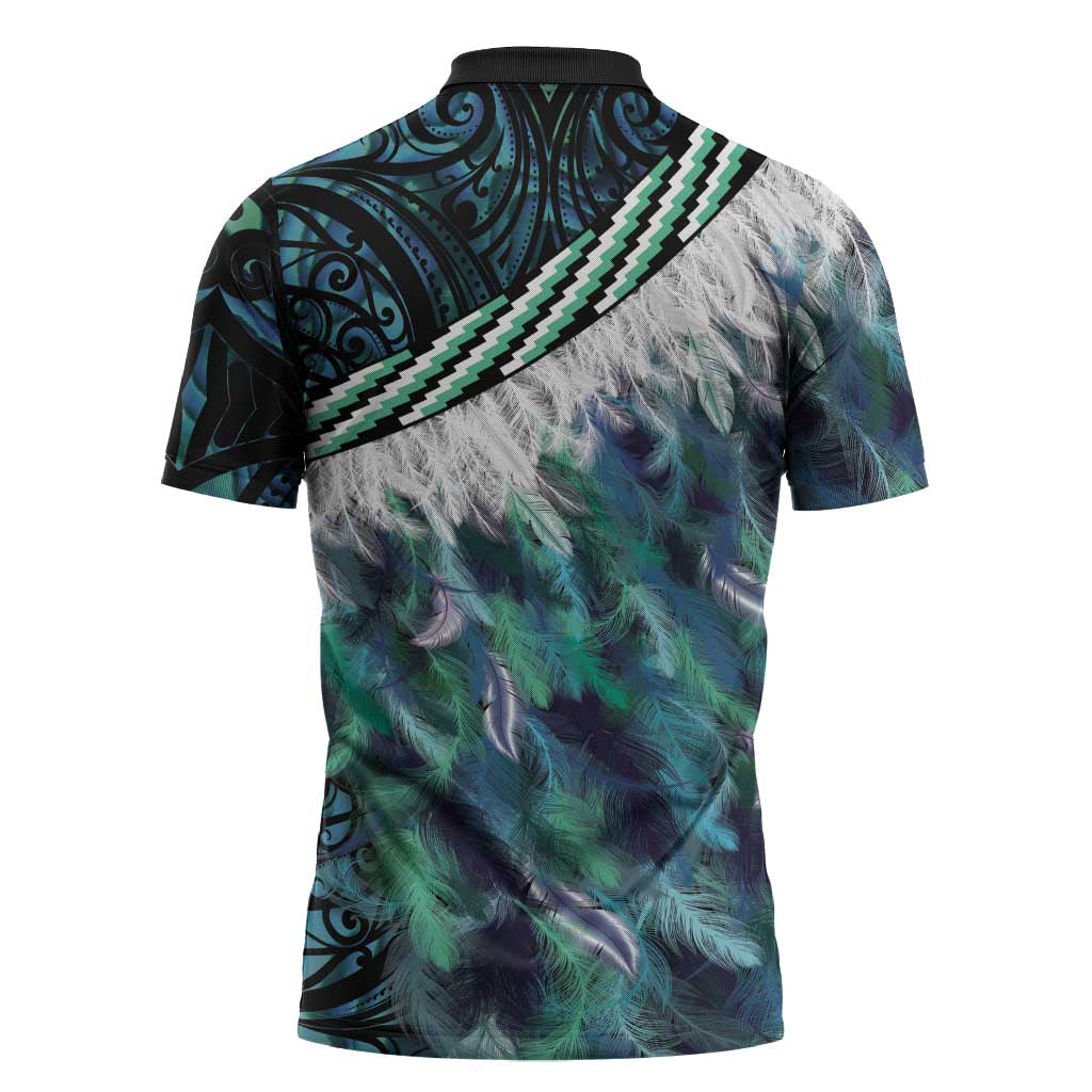 Turquoise Traditional Cloak Aotearoa Zipper Polo Shirt Maori Paua Shell Korowai Pattern - Aussie Hoodie