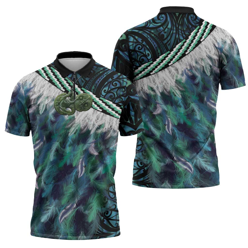 Turquoise Traditional Cloak Aotearoa Zipper Polo Shirt Maori Paua Shell Korowai Pattern - Aussie Hoodie