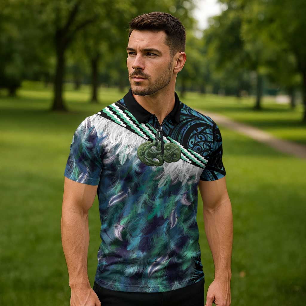 Turquoise Traditional Cloak Aotearoa Zipper Polo Shirt Maori Paua Shell Korowai Pattern - Aussie Hoodie