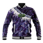 Purple Traditional Cloak Aotearoa Baseball Jacket Maori Paua Shell Korowai Pattern