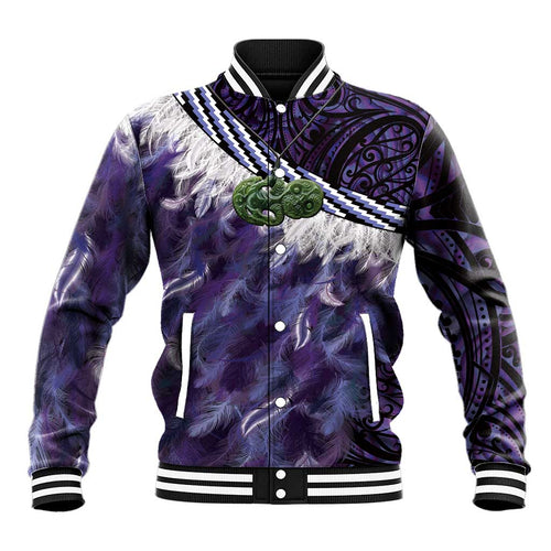 Purple Traditional Cloak Aotearoa Baseball Jacket Maori Paua Shell Korowai Pattern