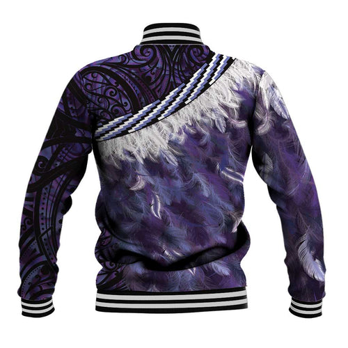 Purple Traditional Cloak Aotearoa Baseball Jacket Maori Paua Shell Korowai Pattern